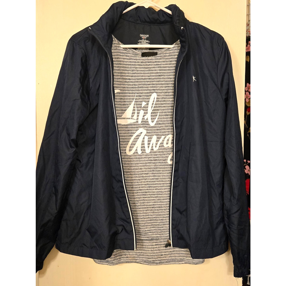 Danskin Now Full Zip Navy Athletic Track Windbreaker Jacket Hidden Hood - Size L